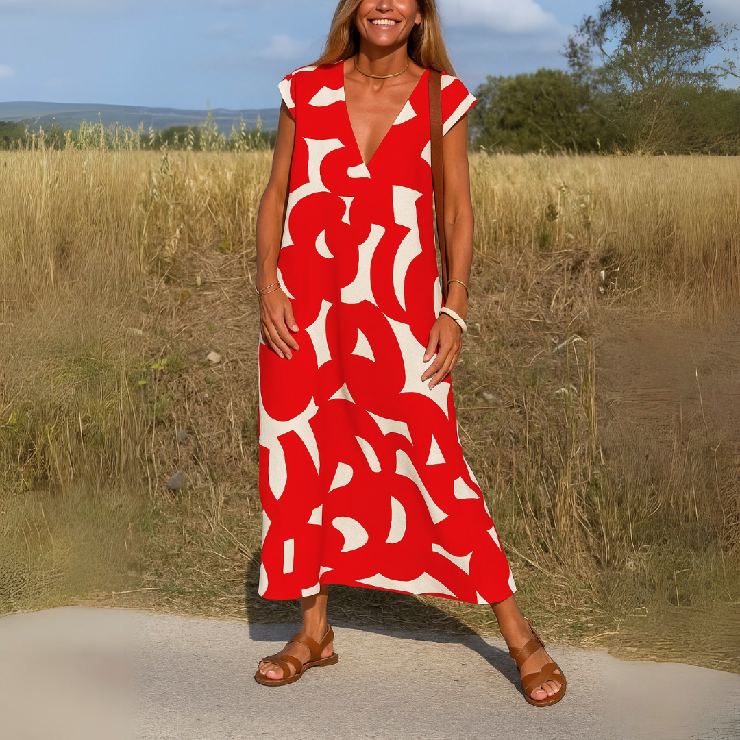 Marleen | Luchtige Zomerjurk met V-Hals en Grafische Print