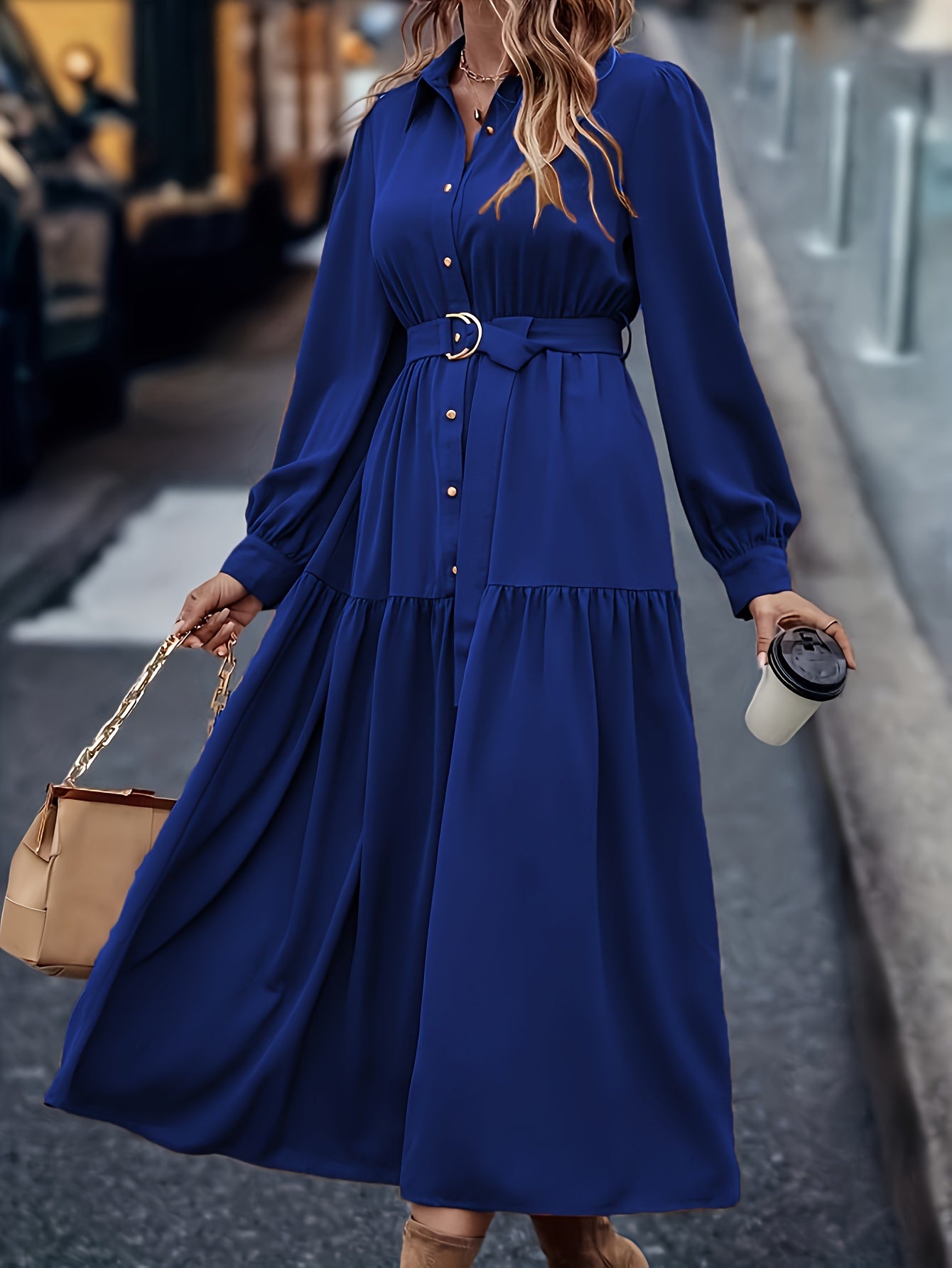 Pauline | Elegante Effen Jurk Met Lange Mouwen