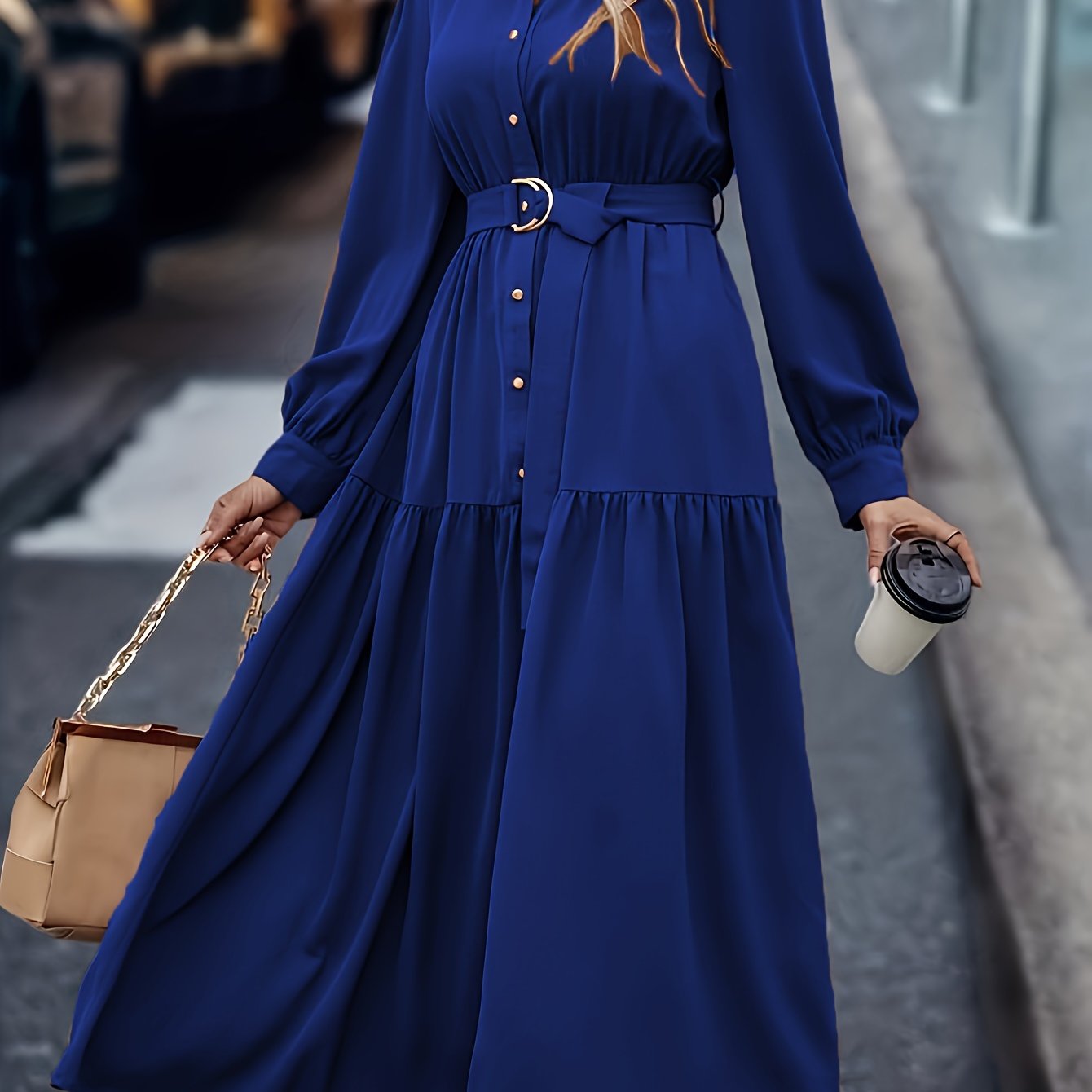 Pauline | Elegante Effen Jurk Met Lange Mouwen