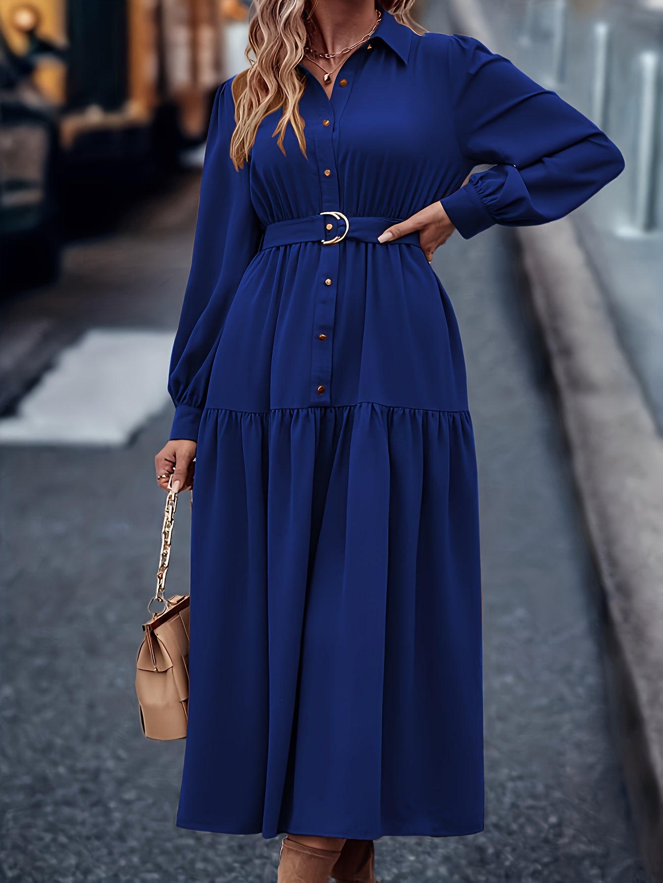 Pauline | Elegante Effen Jurk Met Lange Mouwen