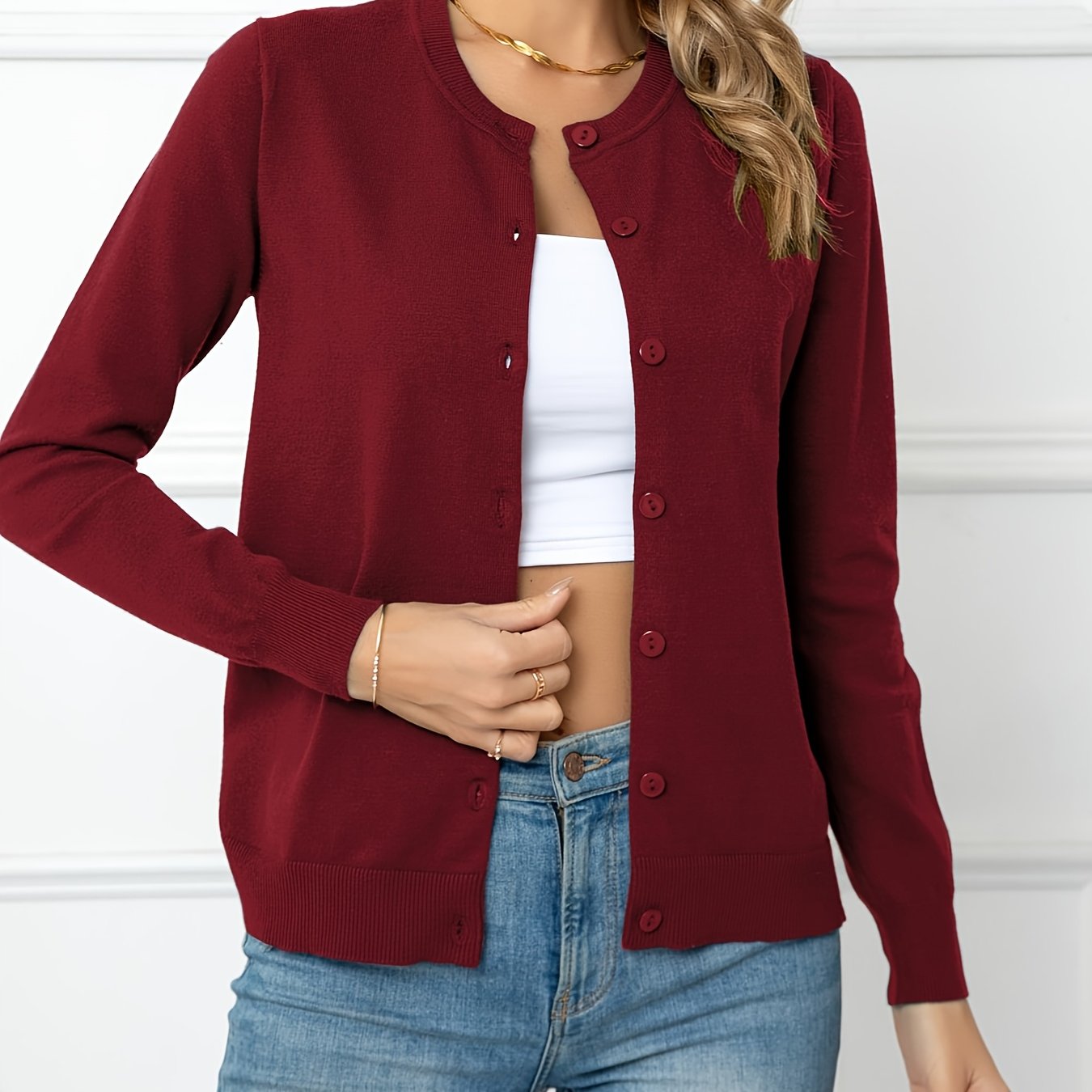 Suzan | Effen Trui Met Ronde Hals En Knoopdetail