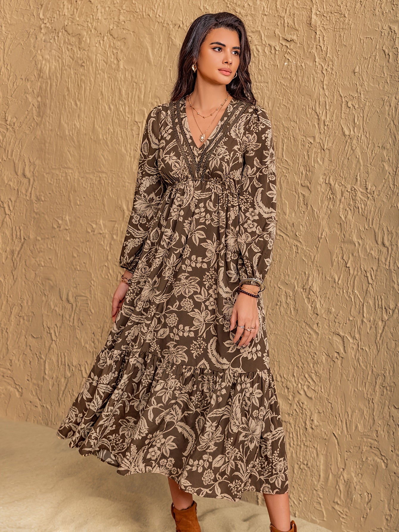 Ingrid | Bohemian Vintage Bloemenprint Jurk Met V-Hals