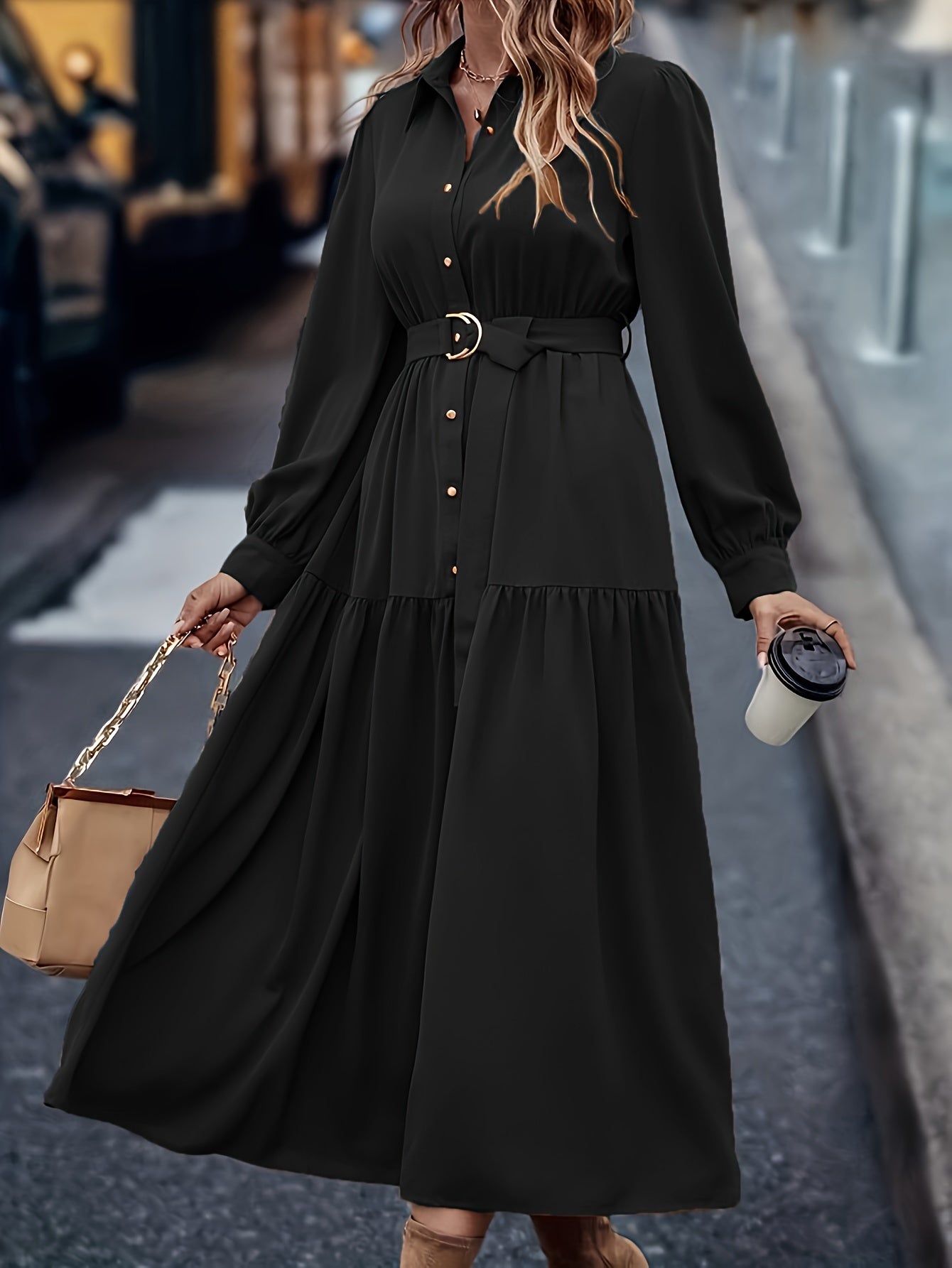 Pauline | Elegante Effen Jurk Met Lange Mouwen