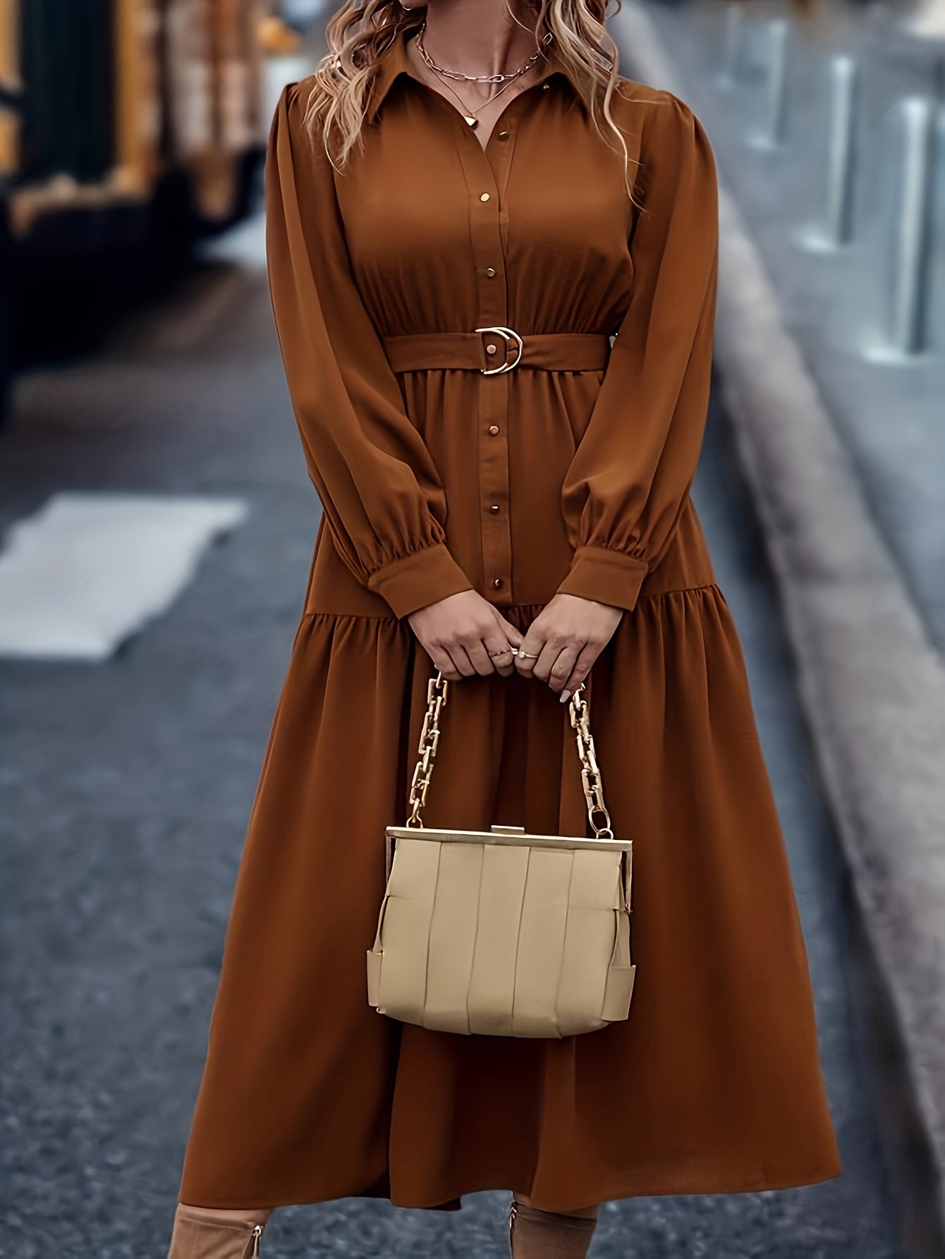 Pauline | Elegante Effen Jurk Met Lange Mouwen