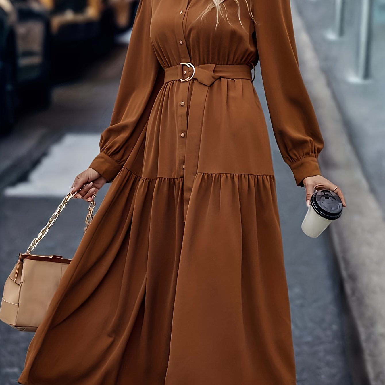 Pauline | Elegante Effen Jurk Met Lange Mouwen