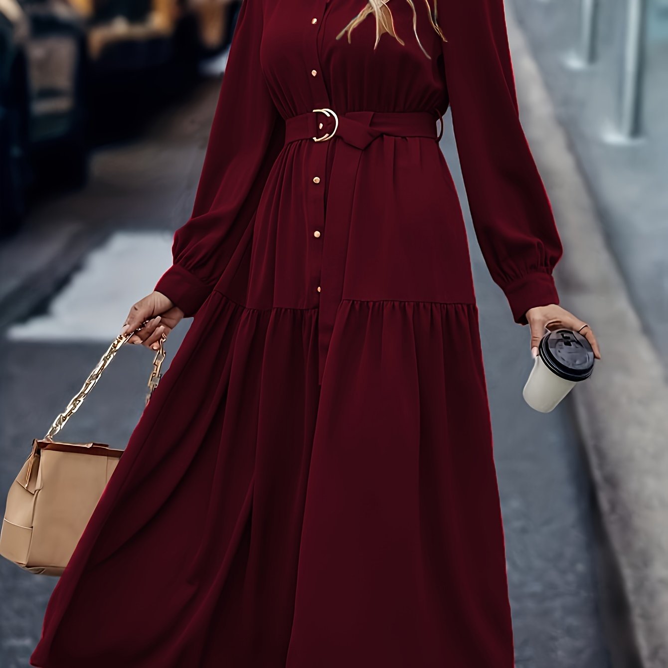 Pauline | Elegante Effen Jurk Met Lange Mouwen