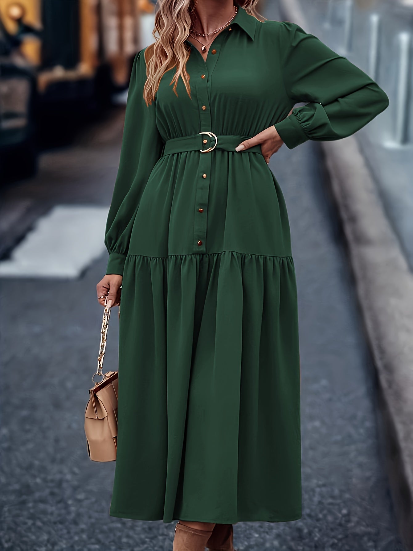 Pauline | Elegante Effen Jurk Met Lange Mouwen