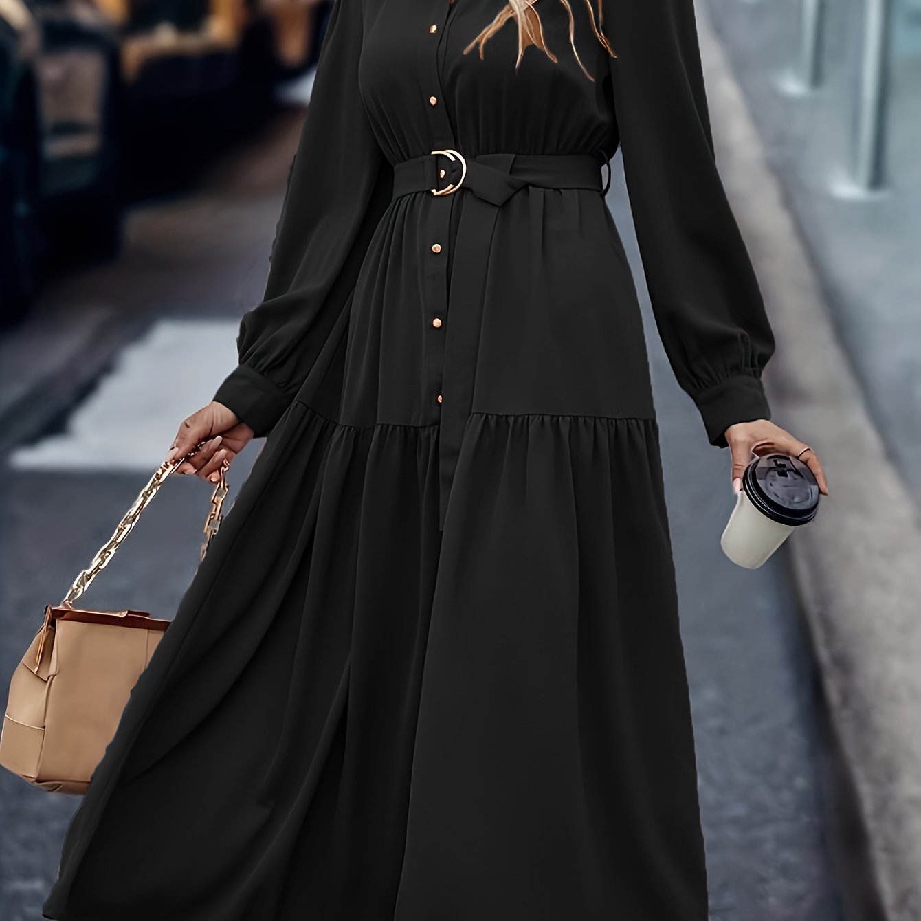 Pauline | Elegante Effen Jurk Met Lange Mouwen
