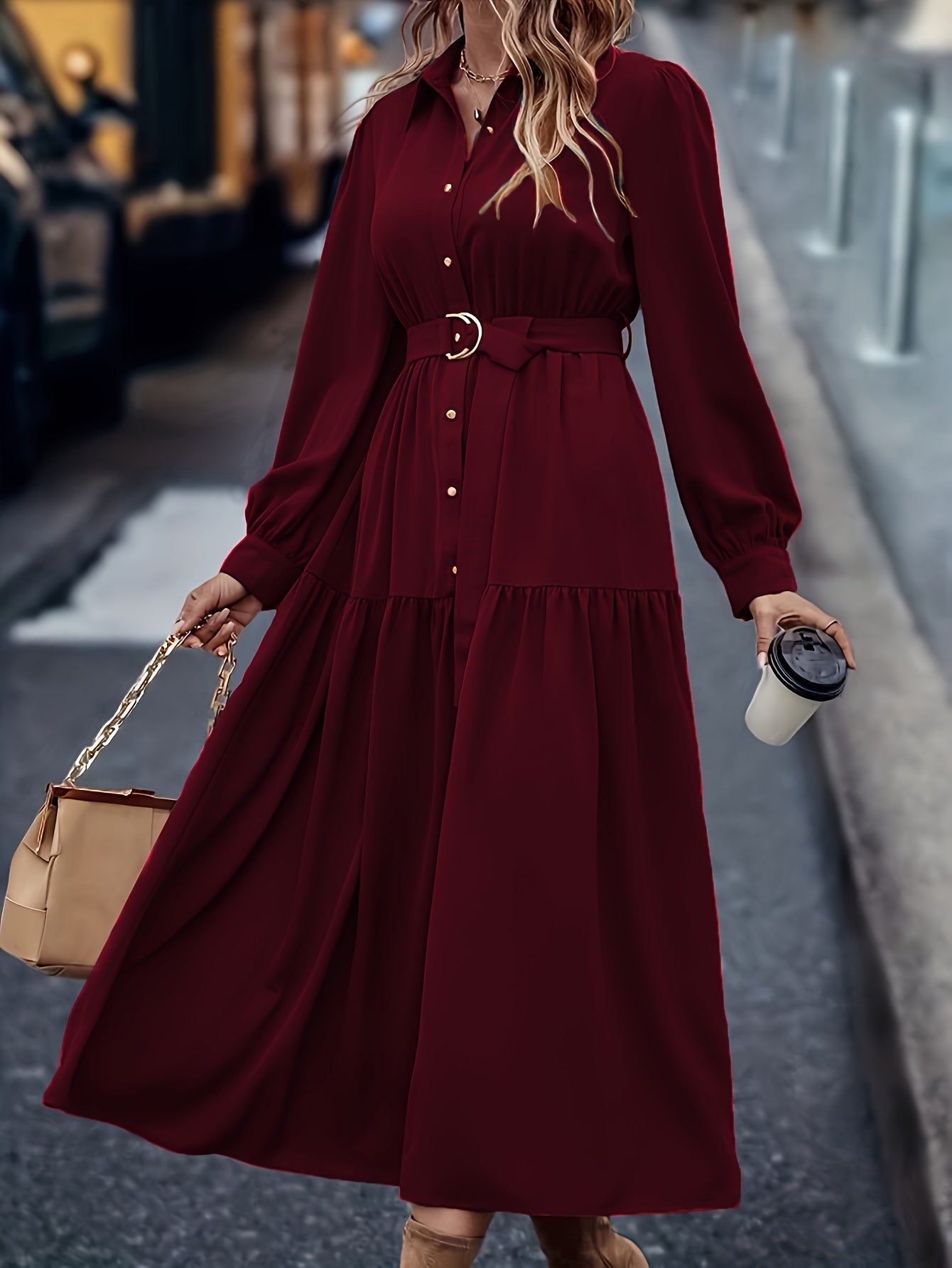 Pauline | Elegante Effen Jurk Met Lange Mouwen