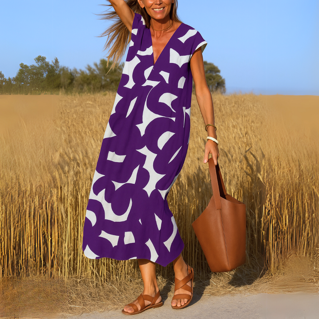 Marleen | Luchtige Zomerjurk met V-Hals en Grafische Print