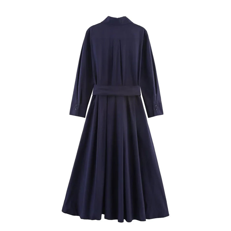 Robe femme automne 2025 nouvelle couleur unie à manches longues chemise Style a-pendule robe ceinture décoration décontracté mode personnalité