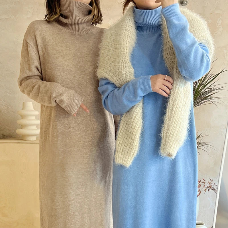 Robe pull japonaise y2k pour femme, col roulé, manches longues, épaisse, ample, tricotée, longue, nouvelle collection automne hiver 2025
