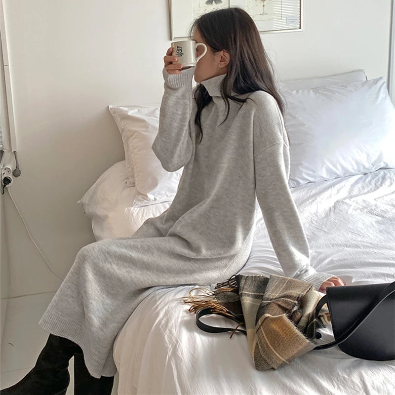 Robe pull japonaise y2k pour femme, col roulé, manches longues, épaisse, ample, tricotée, longue, nouvelle collection automne hiver 2025