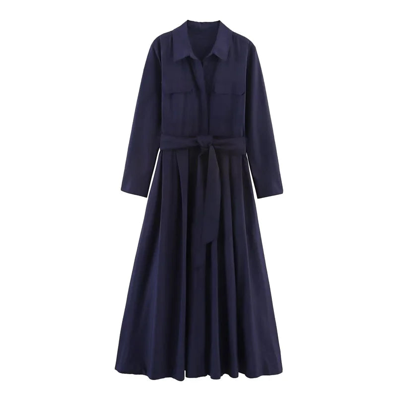 Robe femme automne 2025 nouvelle couleur unie à manches longues chemise Style a-pendule robe ceinture décoration décontracté mode personnalité