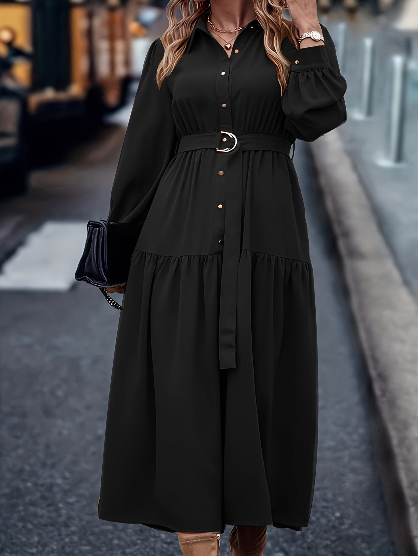 Pauline | Elegante Effen Jurk Met Lange Mouwen