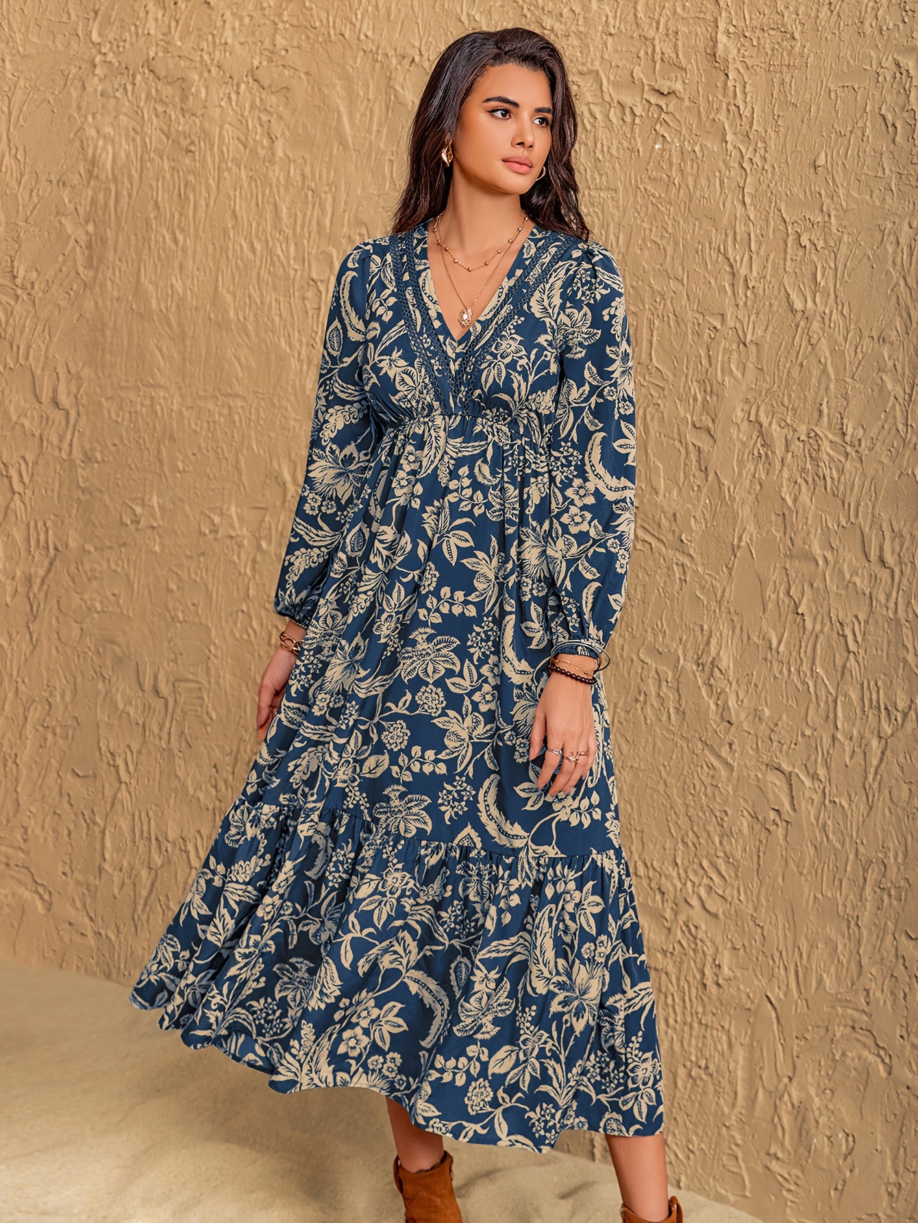 Ingrid | Bohemian Vintage Bloemenprint Jurk Met V-Hals