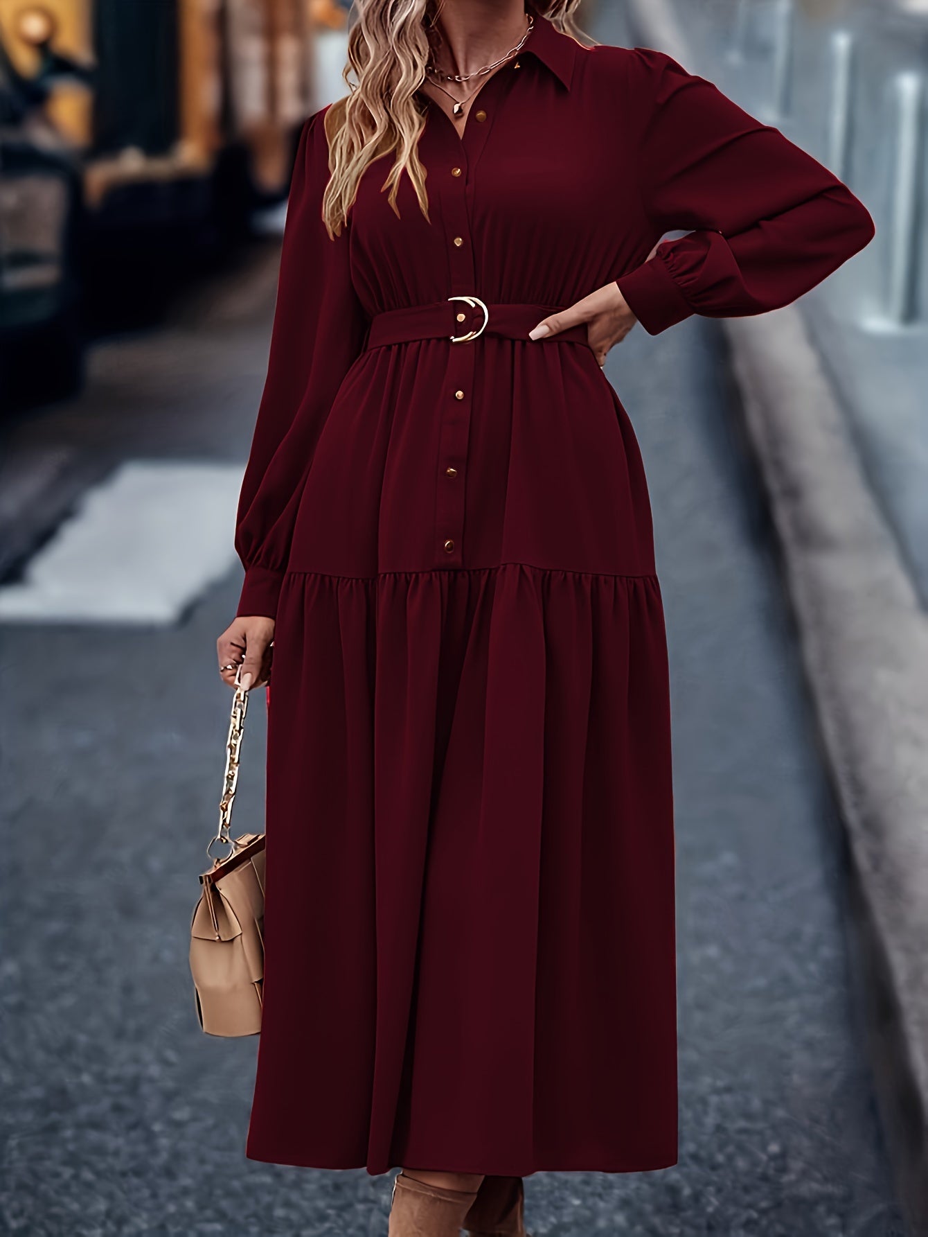 Pauline | Elegante Effen Jurk Met Lange Mouwen