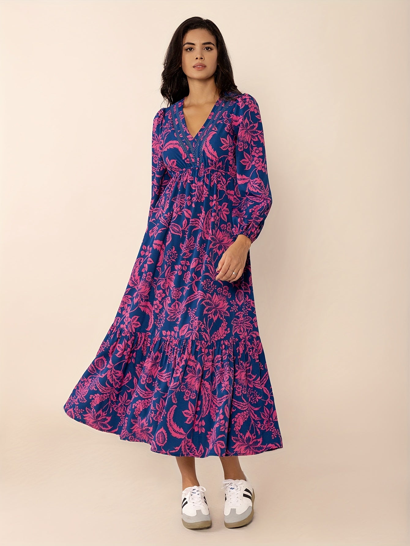 Ingrid | Bohemian Vintage Bloemenprint Jurk Met V-Hals
