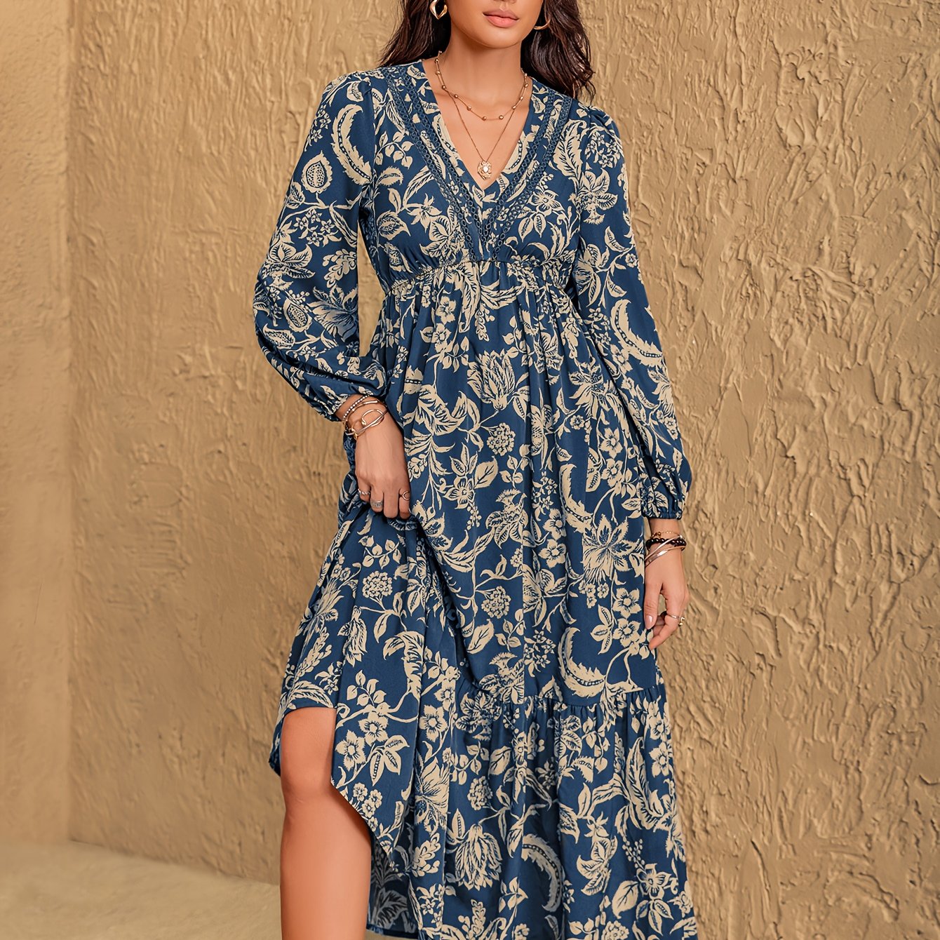 Ingrid | Bohemian Vintage Bloemenprint Jurk Met V-Hals