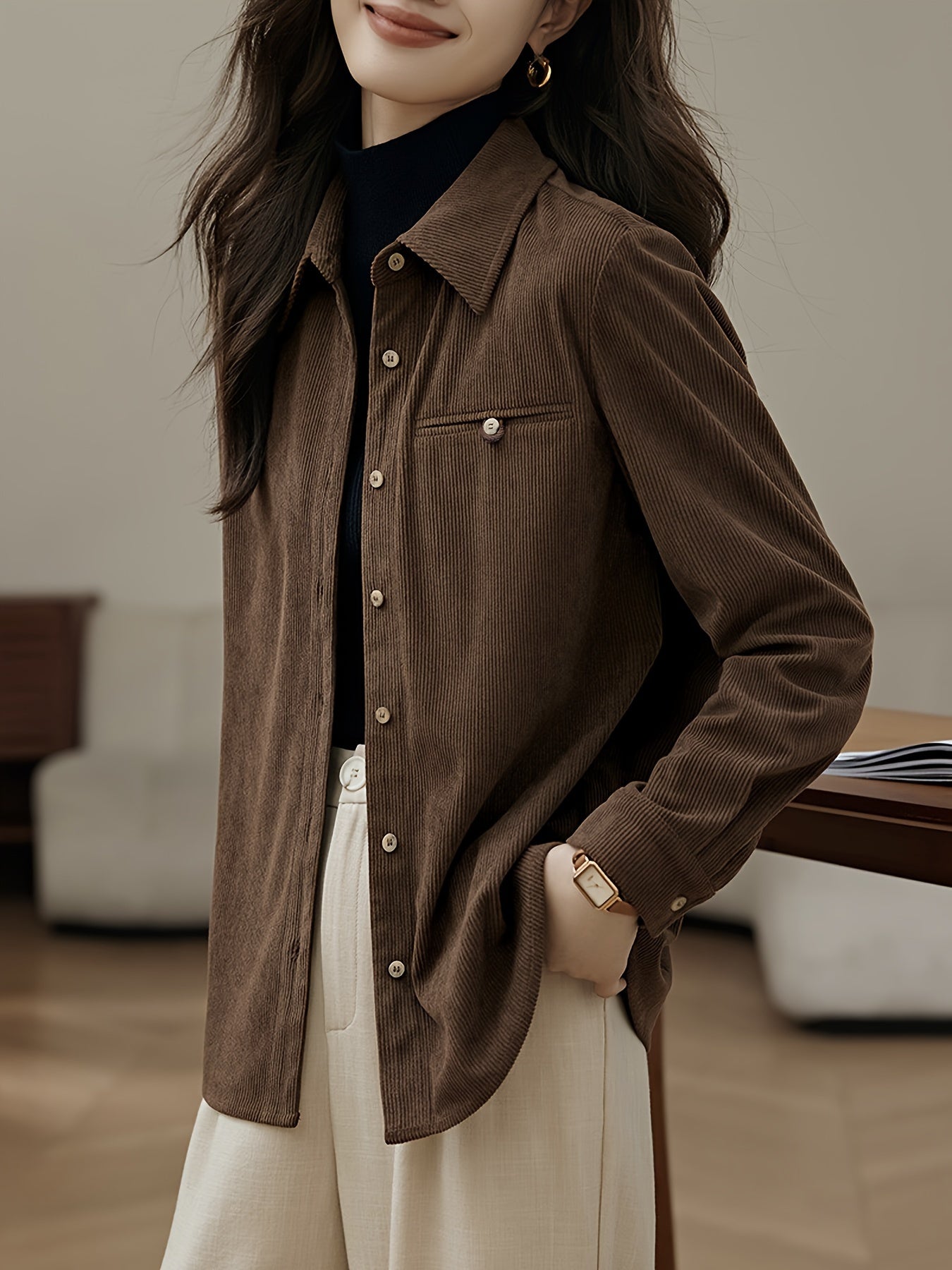 Simone | Elegante Bruine Corduroy-Shirt Voor Dames