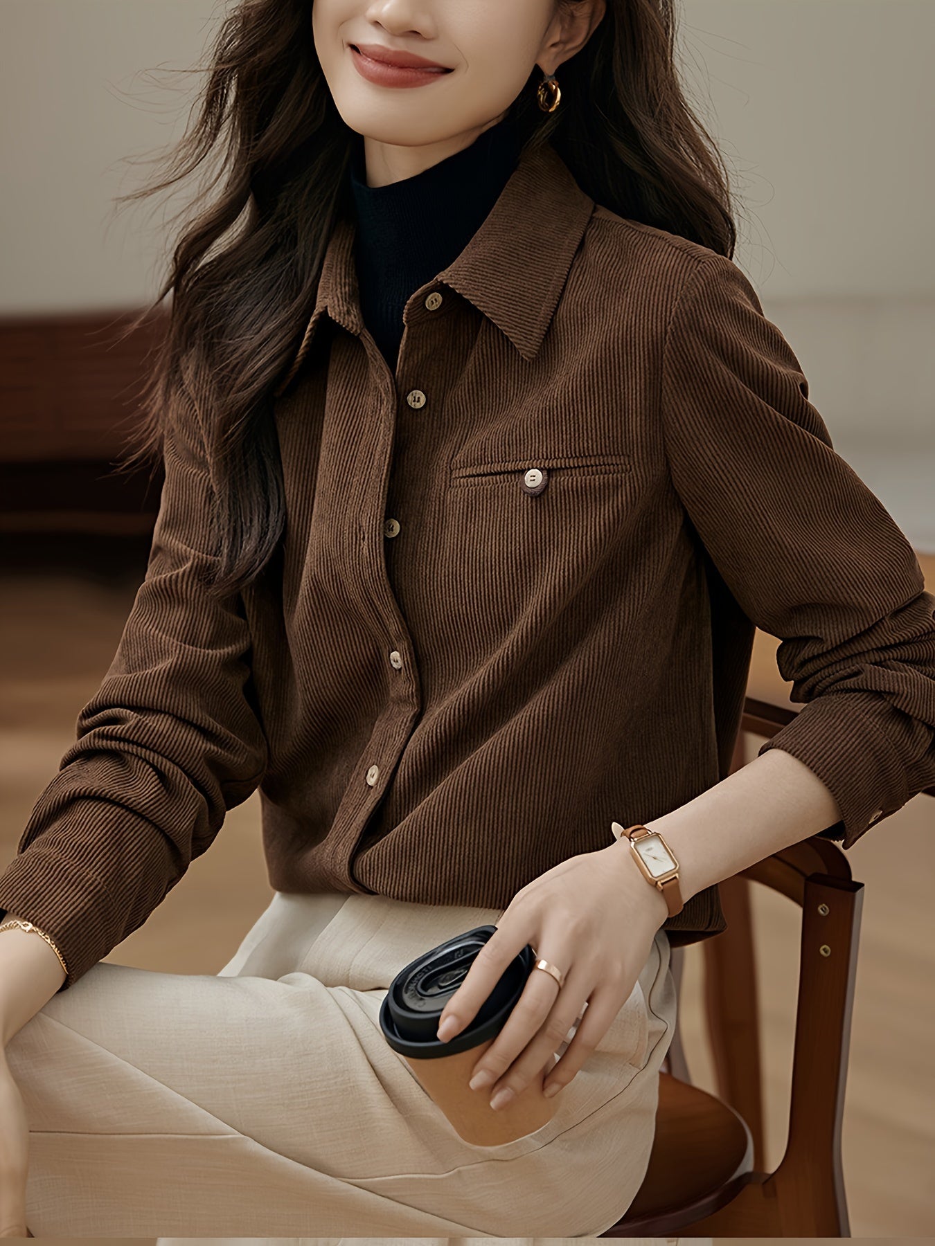 Simone | Elegante Bruine Corduroy-Shirt Voor Dames