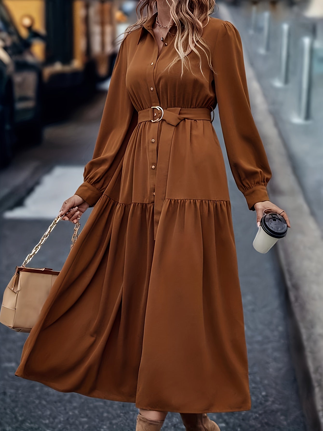 Pauline | Elegante Effen Jurk Met Lange Mouwen