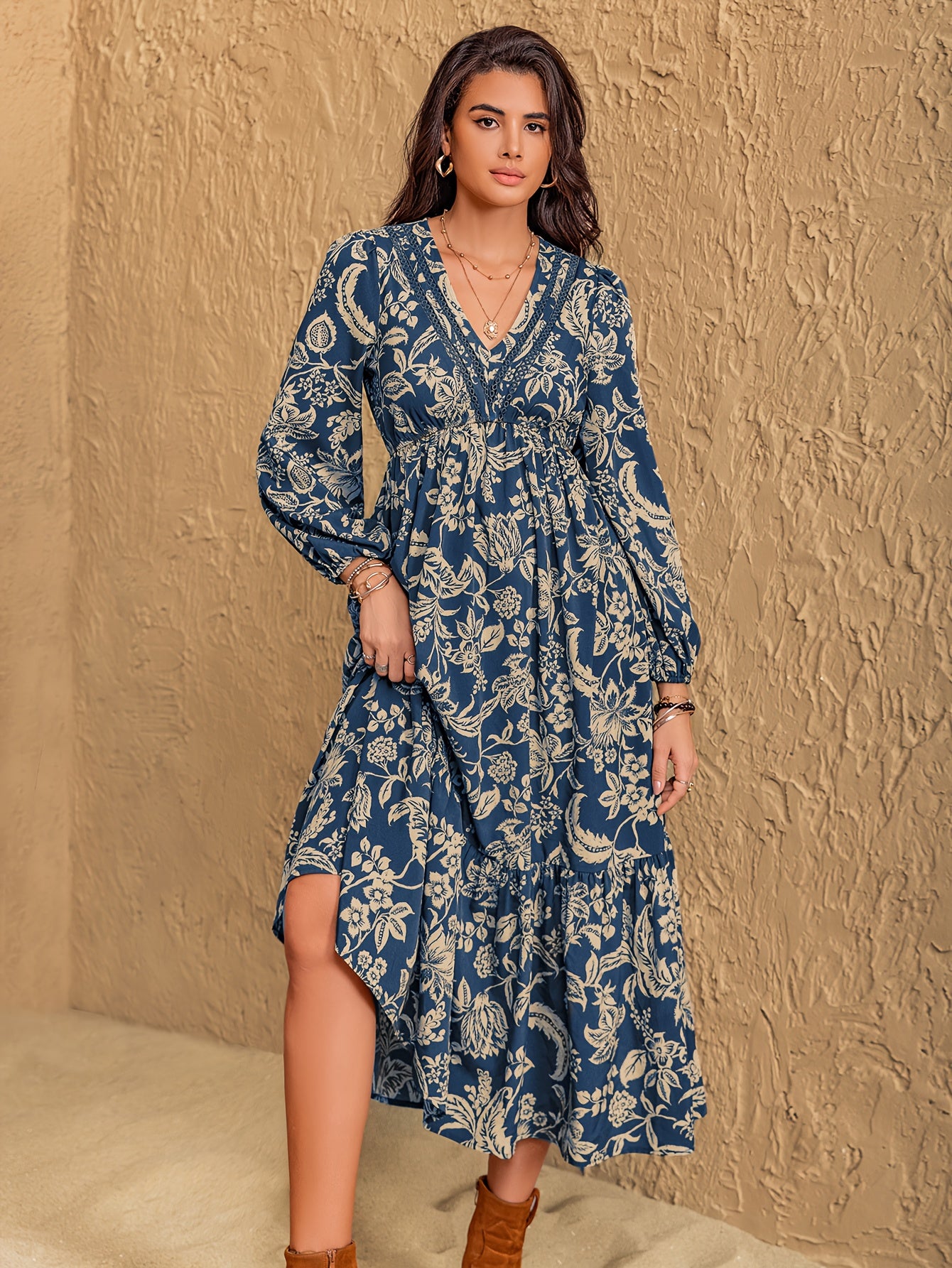 Ingrid | Bohemian Vintage Bloemenprint Jurk Met V-Hals