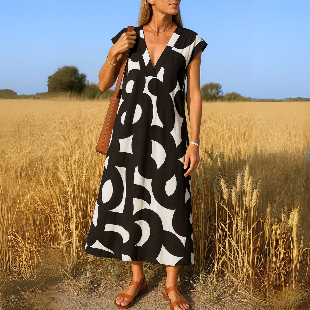 Marleen | Luchtige Zomerjurk met V-Hals en Grafische Print