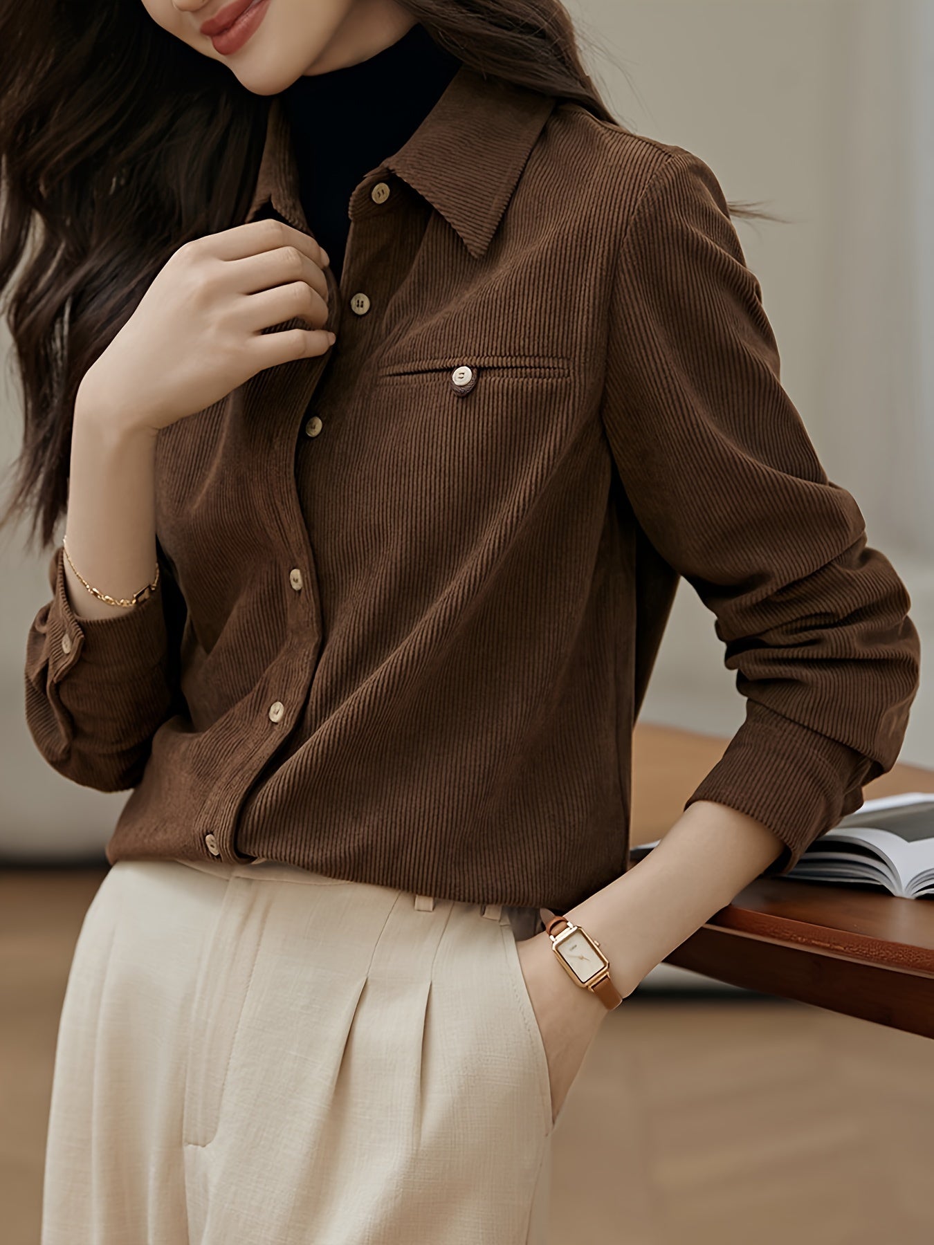 Simone | Elegante Bruine Corduroy-Shirt Voor Dames