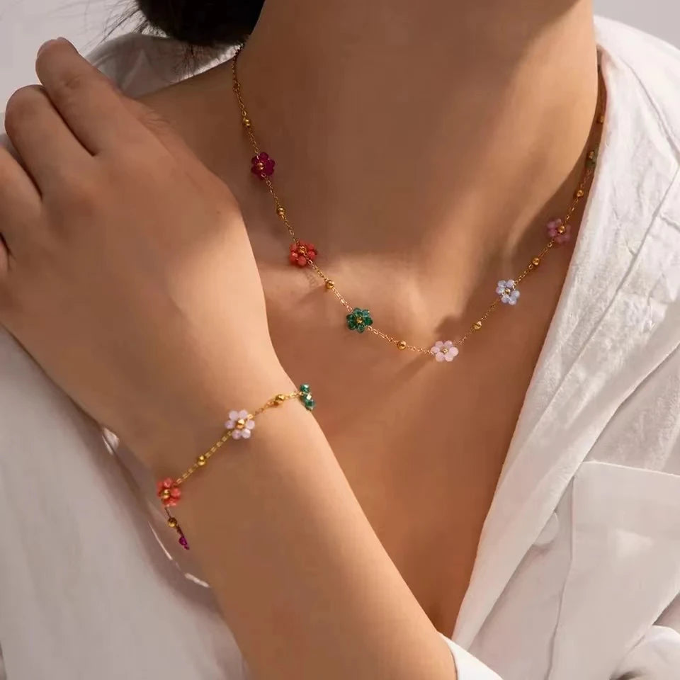 Zomerse Sieradenset met Bloemen | Ketting + Armband