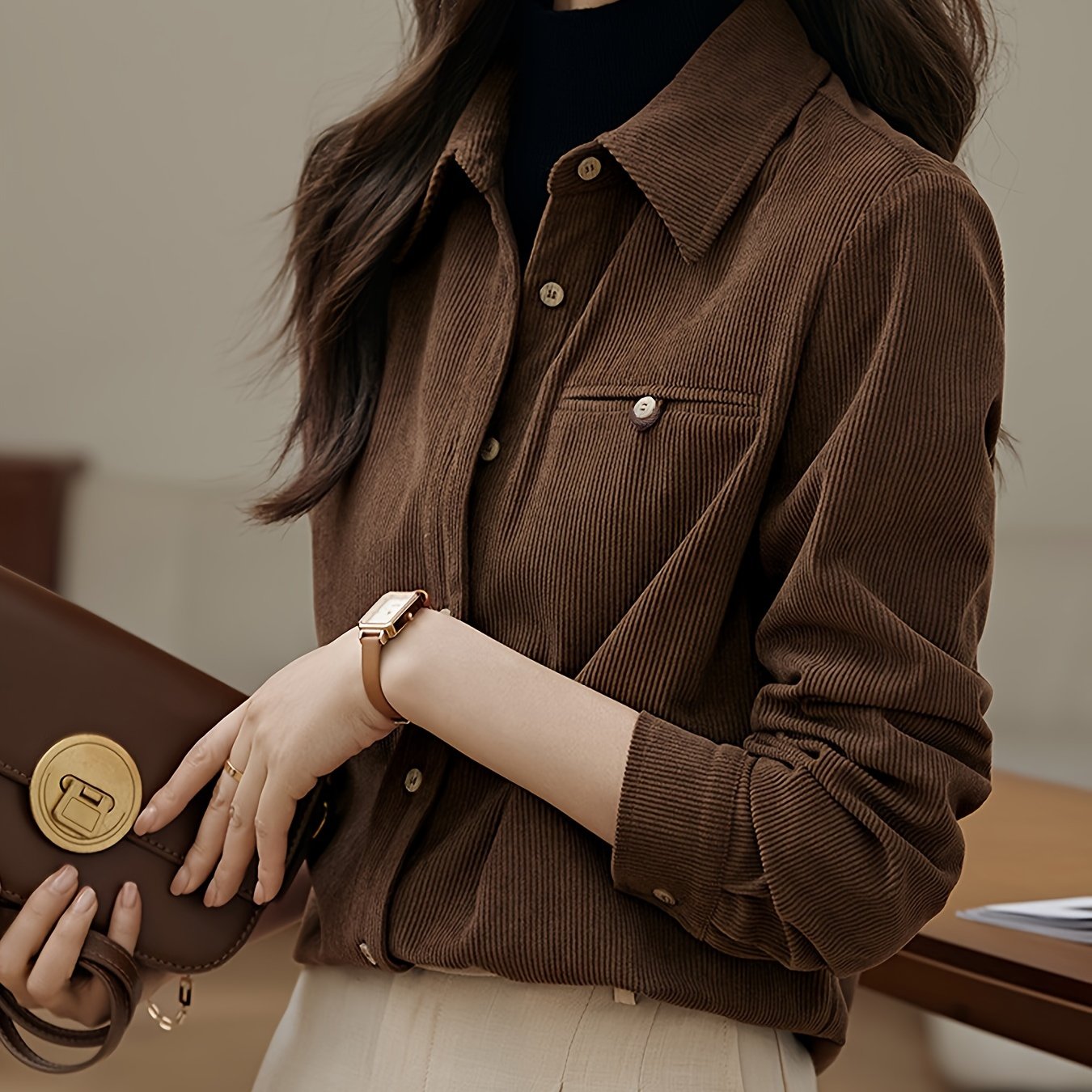 Simone | Elegante Bruine Corduroy-Shirt Voor Dames